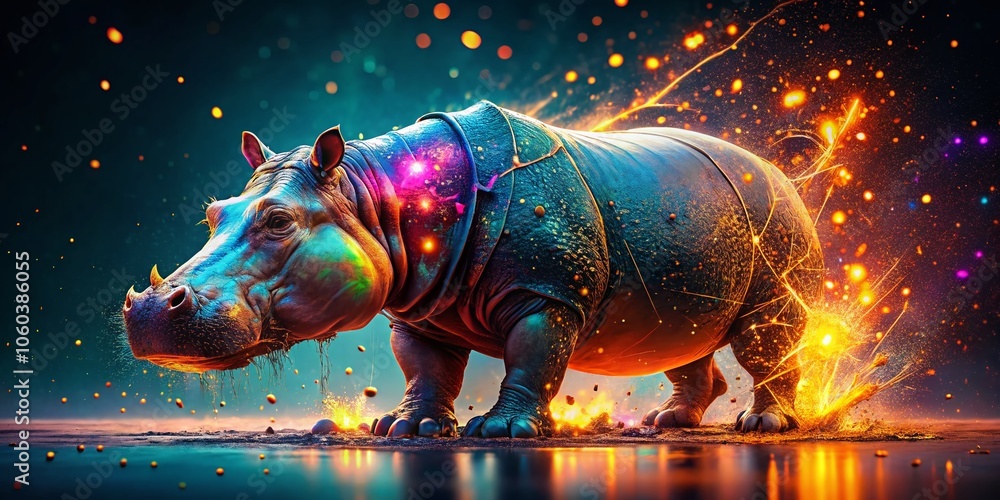 Poster a torn digital hippopotamus adorned with glowing sparkles and distinct textures, perfect for inspiri