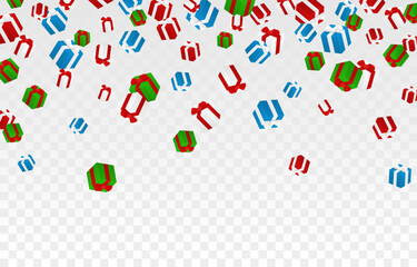 Vector gifts png. Falling multi-colored gifts on a transparent background, texture overlay. Christmas or New Year gifts. Festive background.
