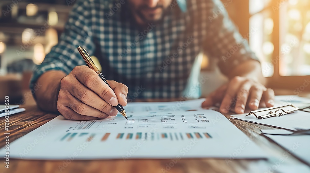 Poster man reviewing financial report blank background with copy space for design projects