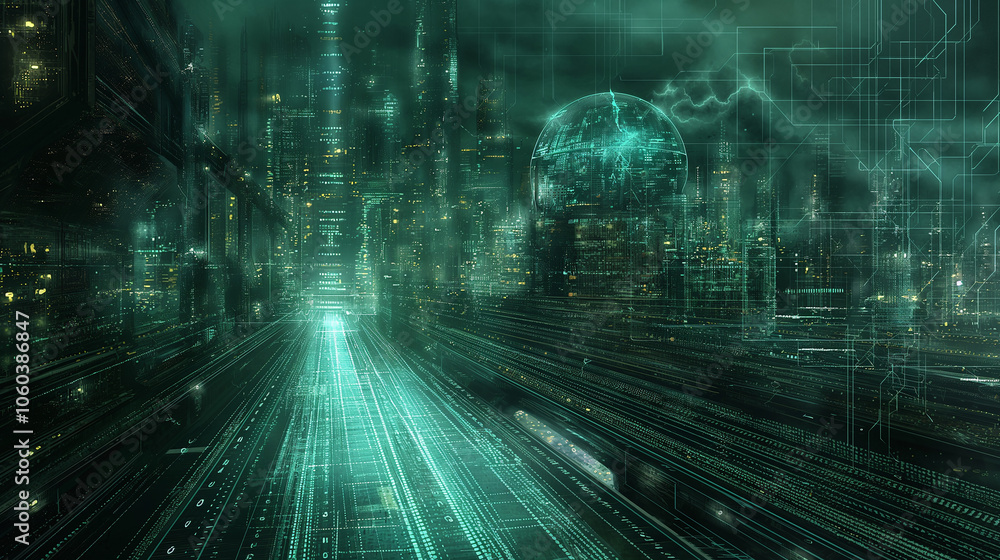 Poster digital interface with glowing turquoise circuits, pixelated patterns, and virtual data projections,