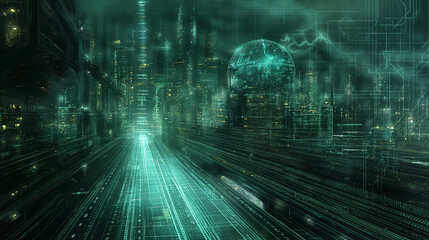 Fototapeta premium Digital interface with glowing turquoise circuits, pixelated patterns, and virtual data projections, reminiscent of a cyber city skyline at night. tech background 