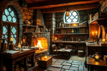 Cozy medieval alchemist's workshop with warm fireplace lighting.generative AI
