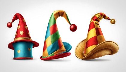 Cartoon jester hats set. Funny joker festival masquerade cap, carnival comic clown costume element illustration,Jester's hat,786