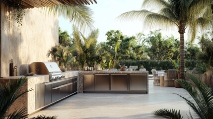 Luxury outdoor kitchen with stainless steel appliances and natural stone, surrounded by palm trees in a modern home