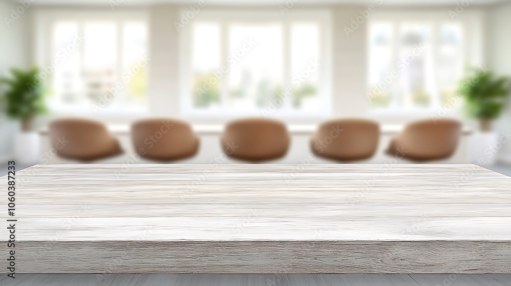 Poster wooden table with blurred background minimalist white background with space for text