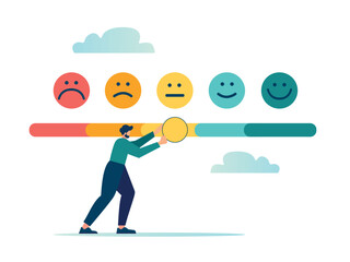 Customer feedback giving rating based on experience or quality from product and service, survey, opinion and review to evaluate result, man trying to push customer feedback bar to be excellent smile.