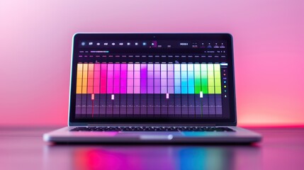 A modern laptop screen displaying a vibrant color grid interface, ideal for creative applications like design or music production.