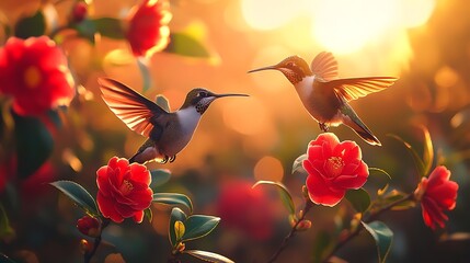 A pair of hummingbirds dancing around camellia flowers, vivid red petals and curling green leaves, warm sunlight illuminating their feathers, detailed textures, serene and lively springtime ambiance.