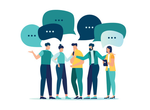 Discussion, conversation or brainstorming for idea, meeting, debate or team communication, colleague chatting, opinion concept, business team coworker discussing work in meeting with speech bubbles
