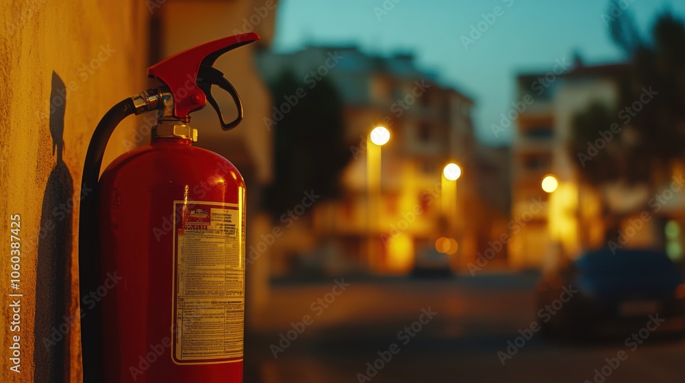 Poster a bright fire extinguisher is prominently displayed in the foreground, set against a blurred residen