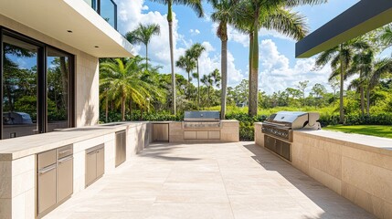Minimalist outdoor kitchen setup with built-in grill, smooth counters, and tall palm trees in the distance