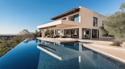 Fototapeta premium Modern luxury villa with an infinity pool, spacious patio, and panoramic views of the surrounding landscape under a clear blue sky.