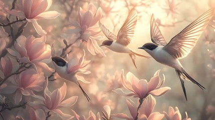 A serene image of swallows in flight among lush magnolia blooms, soft pastel petals framing the scene, sunlight casting a gentle glow, intricate feather and petal textures,