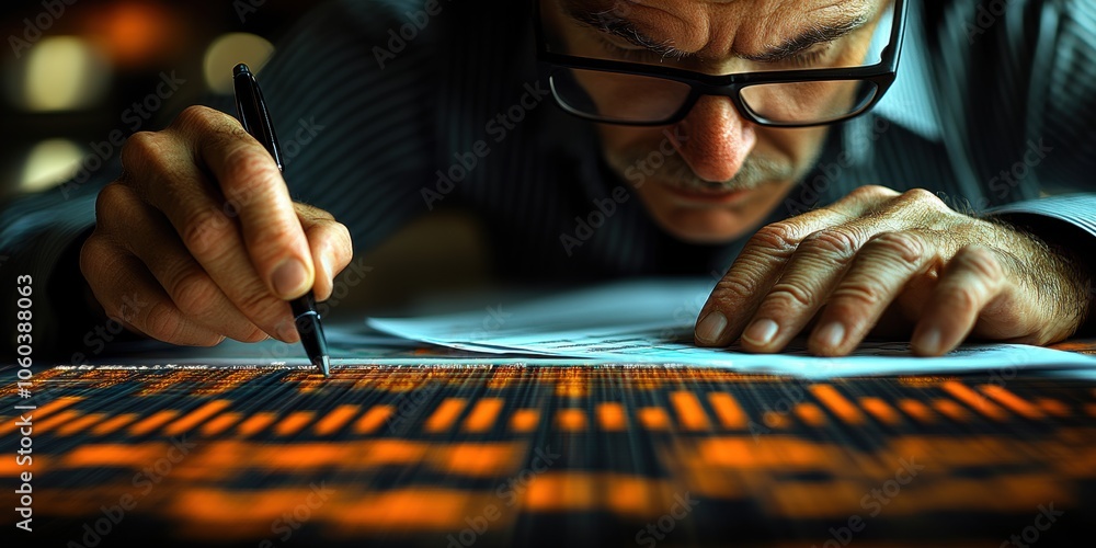 Poster financial analyst reviews key metrics for accurate forecasting using advanced charts and documents