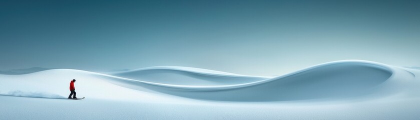 A solitary figure in a red jacket walks across a pristine snow landscape, featuring gentle dunes under a clear blue sky.