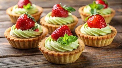 Delicate Pastry Shells Filled with Creamy Green Frosting and Topped with Fresh Strawberries and Sprigs of Mint, Arranged on a Rustic Wooden Surface