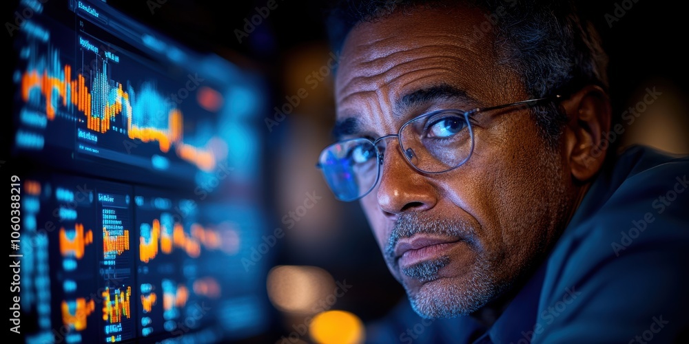 Poster financial analyst evaluates key metrics and forecasts trends using advanced charts and documents for