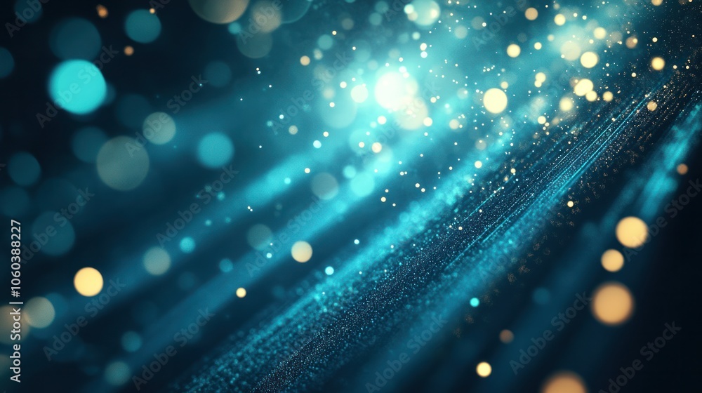 Poster teal lights creating a futuristic pattern with soft beams and bokeh effects, giving the image a sere