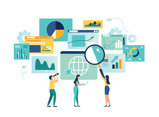 Analytical report on research results, chart control panel, financial chart statistics, data analysis, SEO, optimization, businessman analyzes research charts and graphs, vector illustration