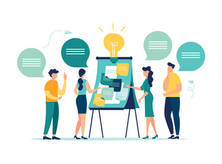 Seminar or business discussion, meeting or brainstorming of a new idea, training course lesson, business people in the conference room of the seminar and stickers for notes, vector illustration