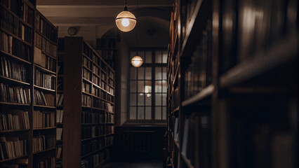 Fototapeta premium Row of well-worn books line the antique bookshelves in library, promising a world of forgotten knowledge