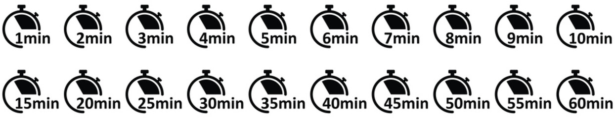 Clock Icon. Digital stopwatch or timer, Countdown from 0 to 60 minute. Cooking time, holding time, baking, delivery for app. Isolated on white Background.