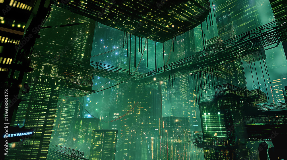 Poster digital interface with glowing turquoise circuits, pixelated patterns, and virtual data projections,