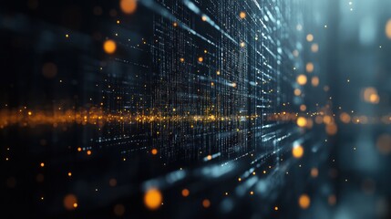 a digital binary code matrix with glowing green and blue binary digits cascading down in a 3D environment,