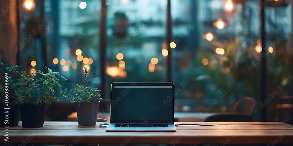 Poster laptop on a wooden table with plants and a blurry background subtle blur background with space for c