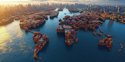 Global Trade Drives International Business through Shipping Containers at Busy Ports Highlighting Trade Routes on a World Map