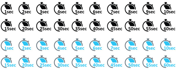 Clock Icon. Digital stopwatch or timer, Countdown from 0 to 60 Sec. Cooking time, holding time, baking, delivery for app. Isolated on white Background.