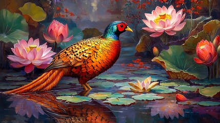 Fototapeta premium A vibrant golden pheasant perched near lotus blossoms and water lilies, reflections on the water’s surface, intricate details in both feathers and flowers, peaceful and colorful pond scene.