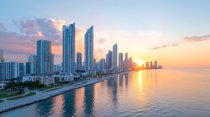 Naklejka premium Sunrise illuminates urban skyline over tranquil waters of coastal city