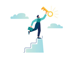 Business success, achievement or self-realization of a business goal, the concept of reward and motivation, a businessman climbs the ladder to the top to receive a star award, vector illustration