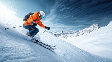 A skier in a bright orange jacket gracefully descends a snow-covered slope, surrounded by majestic mountains under a dramatic sky.