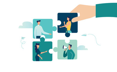 teamwork to find a solution, assign the right person to the right job, human resources department by the hand of a businessman, connect a puzzle, vector illustration