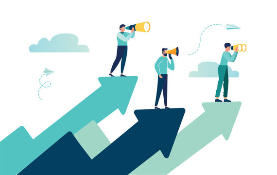 teamwork vision path goal success. study horizons company work finding ways develop. people stand profit, growth arrows look binoculars, big telescope spyglass in search new ideas vector illustration