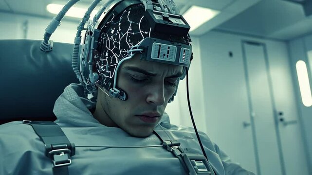 A man sits strapped in a chair, wearing a head device with wires and tubes, inside a sterile-looking room