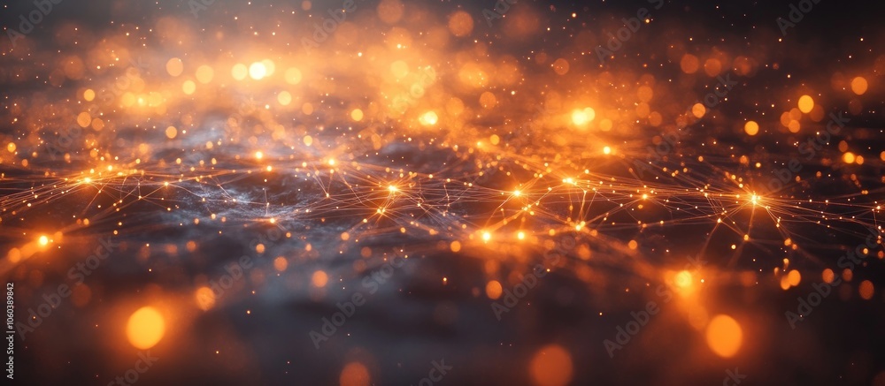 Poster a digital landscape of glowing particles and connections, representing data flow and technology.