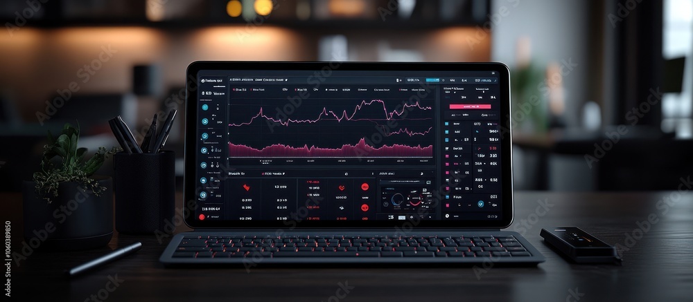 Poster a laptop displaying financial data and charts in a modern workspace.