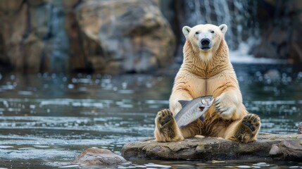 Fototapeta premium Wild animals doing human-like poses, a polar bear sitting back with a fish in its paws