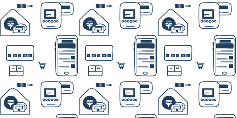 
Hand drawn, linear seamless pattern with vector set of mobile phones, tablets and gadgets, blue tones, digital theme
