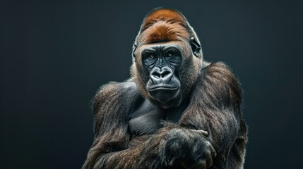 Fototapeta premium Wild animals doing human-like poses, a gorilla sitting with its arms crossed