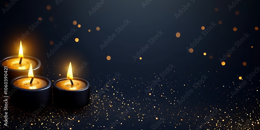 Poster three burning candles with gold glitter subtle blur background with space for custom text