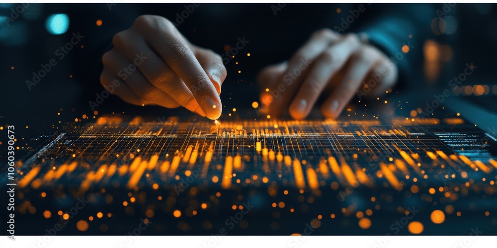 Poster analyzing market trends a professional reviewing reports and highlighted graphs for insightful trend