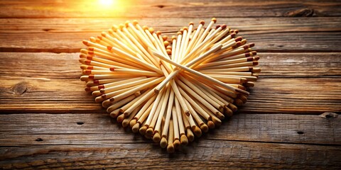 A heart-shaped arrangement of wooden matches on a rustic wooden surface, illuminated by the golden glow of the setting sun.