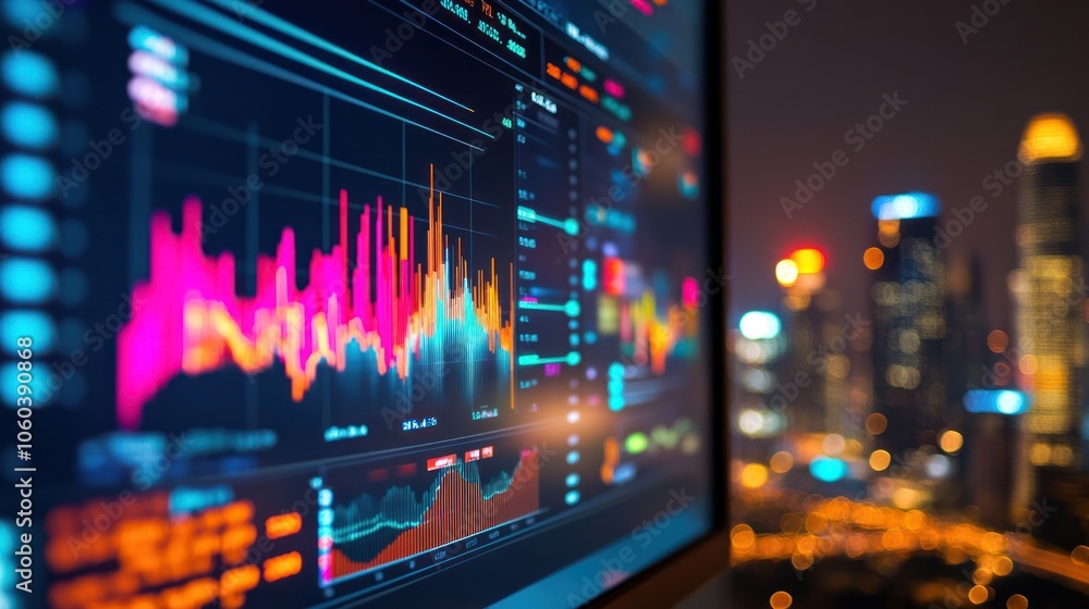 Poster a large monitor showing colorful financial charts and data metrics with a city skyline in the backgr