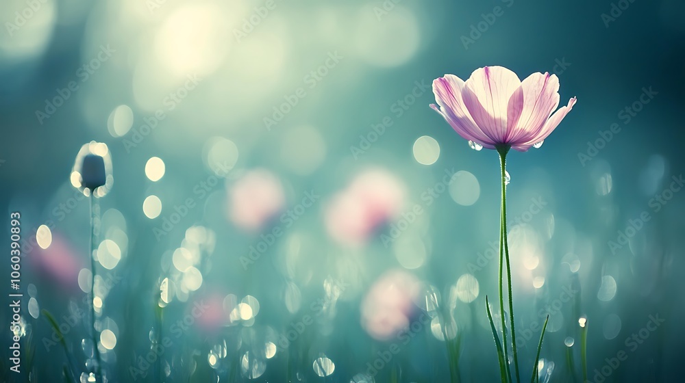 Poster single pink flower in a field blank background with copy space for design projects