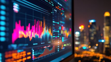 Obraz premium a large monitor showing colorful financial charts and data metrics with a city skyline in the background Emphasis
