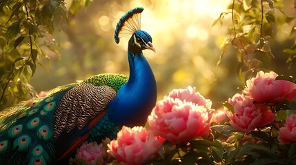 Close-up of a peacock among blooming peonies, rich blue and emerald feathers standing out against the soft petals, vines creating a natural frame, gentle sunlight, highly detailed and peaceful scene.
